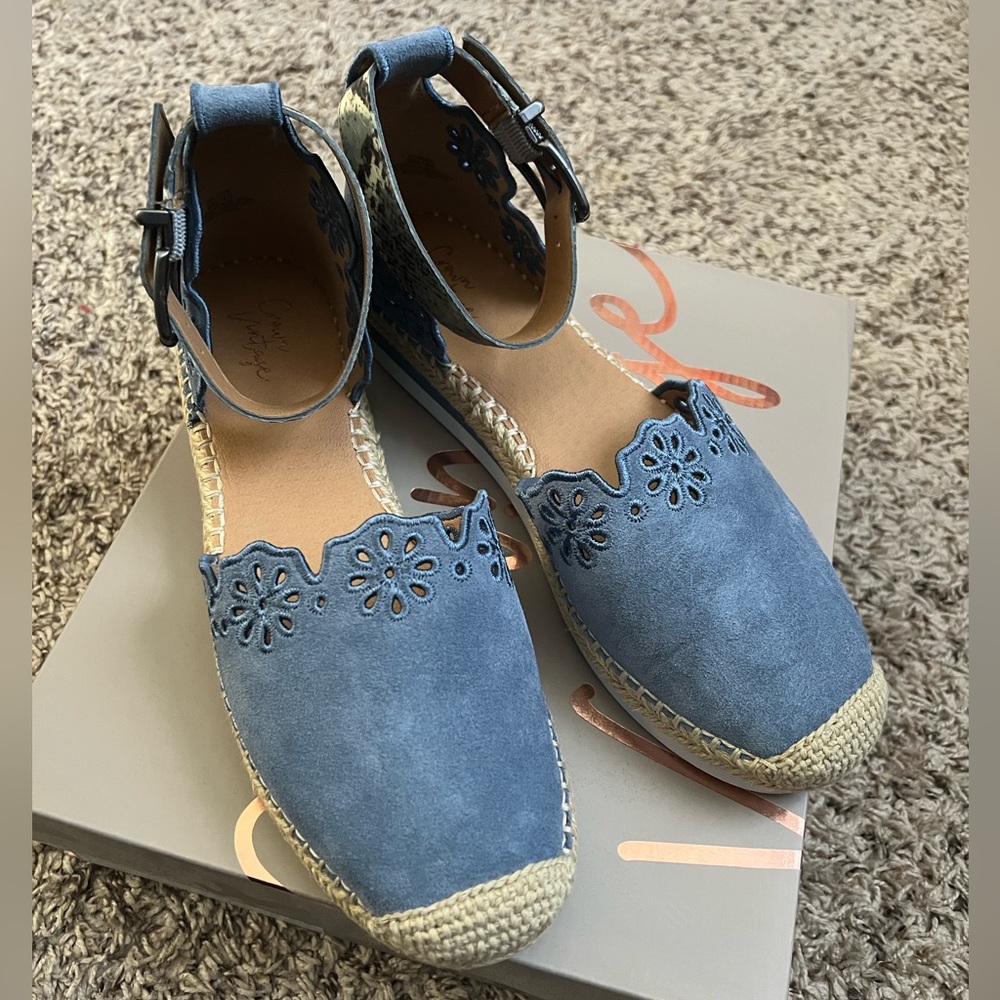 Crown Vintage Brixie Espadrille Wedge Suede Sandal Womens Ankle Strap Blue 9M